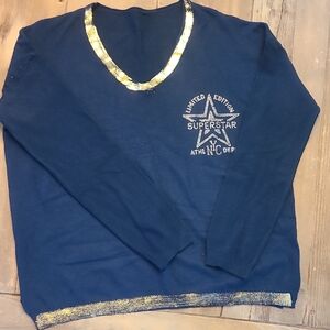 Blue V-Neck Sweater with Gold Accents